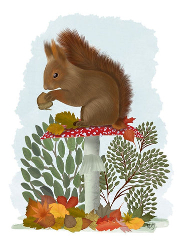 Red Squirrel On Mushroom Black Ornate Wood Framed Art Print with Double Matting by Fab Funky