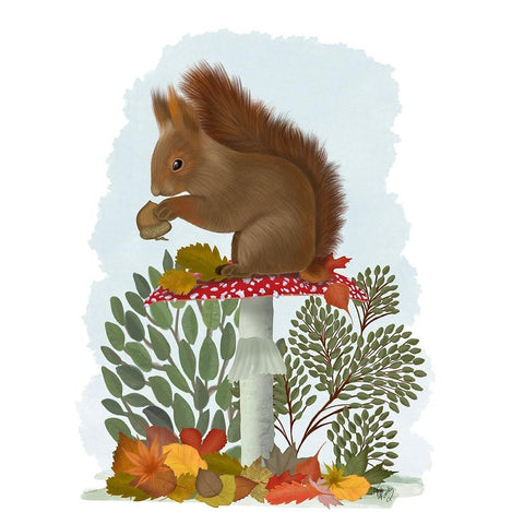 Red Squirrel On Mushroom Black Modern Wood Framed Art Print with Double Matting by Fab Funky