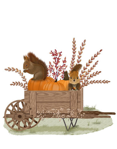 Squirrels In Pumpkin Wheelbarrow White Modern Wood Framed Art Print with Double Matting by Fab Funky