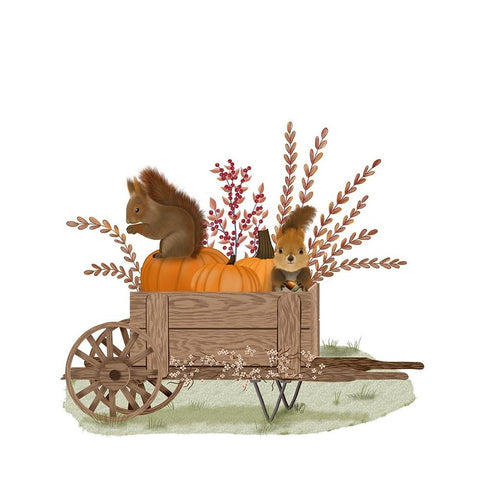 Squirrels In Pumpkin Wheelbarrow Gold Ornate Wood Framed Art Print with Double Matting by Fab Funky