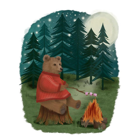 Bear Roasting Marshmallows Black Modern Wood Framed Art Print with Double Matting by Fab Funky