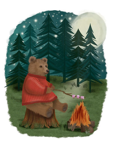 Bear Roasting Marshmallows White Modern Wood Framed Art Print with Double Matting by Fab Funky