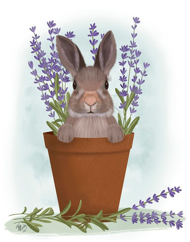 Bunny In Lavender Pot Black Ornate Wood Framed Art Print with Double Matting by Fab Funky