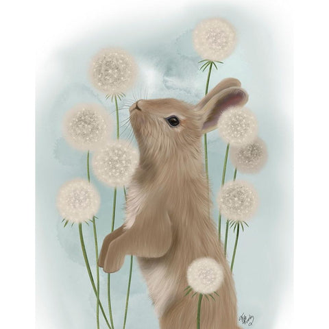 Rabbit In Dandylions Black Modern Wood Framed Art Print with Double Matting by Fab Funky