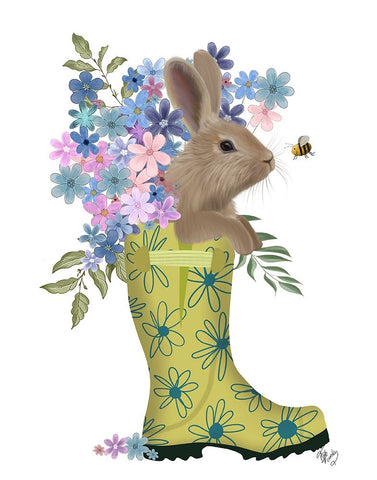 Welly Bunny And Bee Black Ornate Wood Framed Art Print with Double Matting by Fab Funky