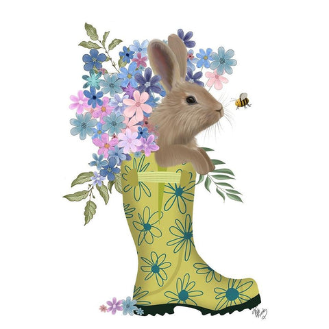 Welly Bunny And Bee White Modern Wood Framed Art Print by Fab Funky