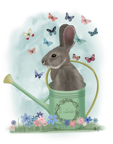 Bunny Watering Can and Butterflies Black Ornate Wood Framed Art Print with Double Matting by Fab Funky