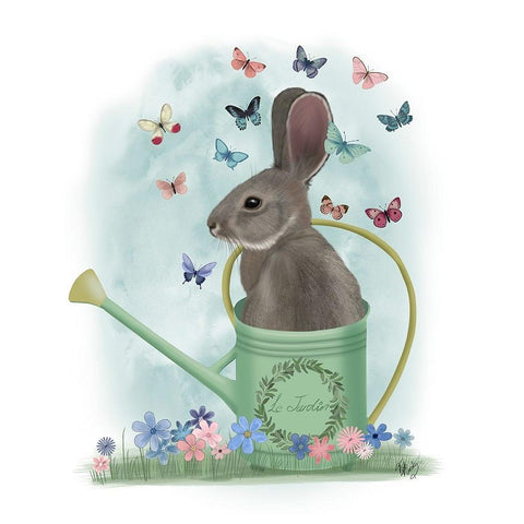 Bunny Watering Can and Butterflies Gold Ornate Wood Framed Art Print with Double Matting by Fab Funky