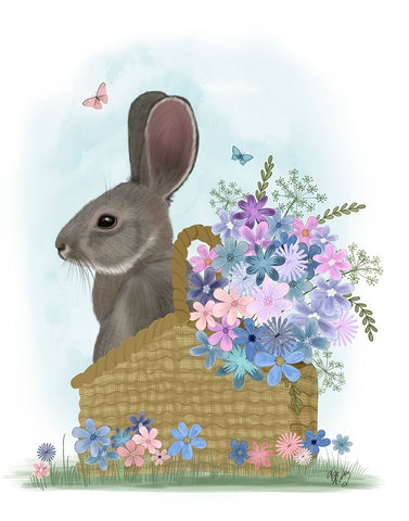 Bunny In Basket with Flowers Black Ornate Wood Framed Art Print with Double Matting by Fab Funky