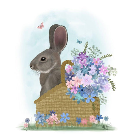 Bunny In Basket with Flowers Gold Ornate Wood Framed Art Print with Double Matting by Fab Funky