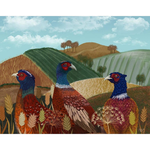 Pheasant Trio in Field Gold Ornate Wood Framed Art Print with Double Matting by Fab Funky