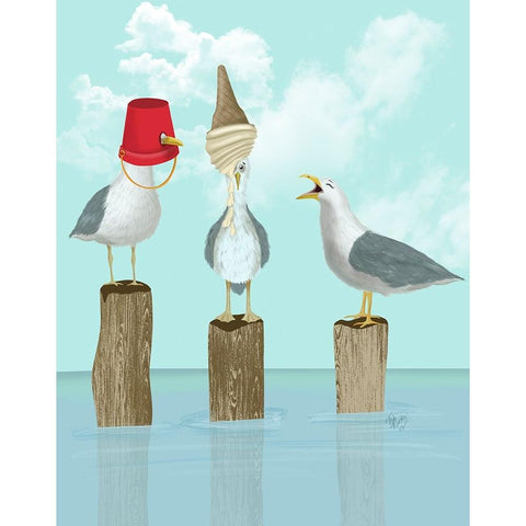 Silly Seagulls White Modern Wood Framed Art Print by Fab Funky