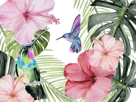 Hibiscus And Hummingbird Collection A White Modern Wood Framed Art Print with Double Matting by Parker, Jennifer Paxton