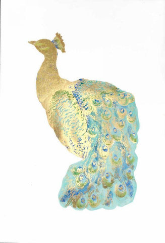 Gold Foil Peacock I with Hand Color White Modern Wood Framed Art Print with Double Matting by Popp, Grace
