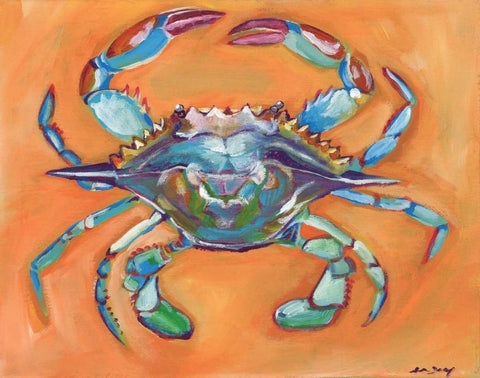 Blue Crab White Modern Wood Framed Art Print with Double Matting by Seay, Anne