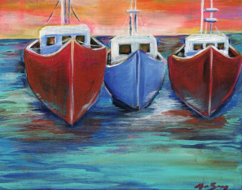 Boats White Modern Wood Framed Art Print with Double Matting by Seay, Anne