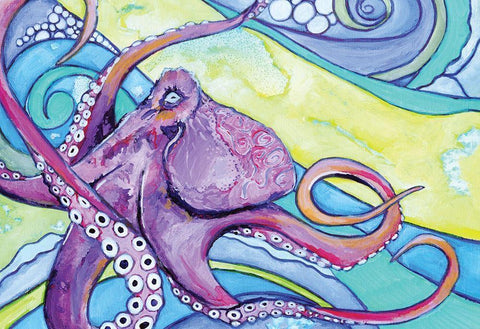 Surfin Octopus Black Ornate Wood Framed Art Print with Double Matting by Seay, Anne