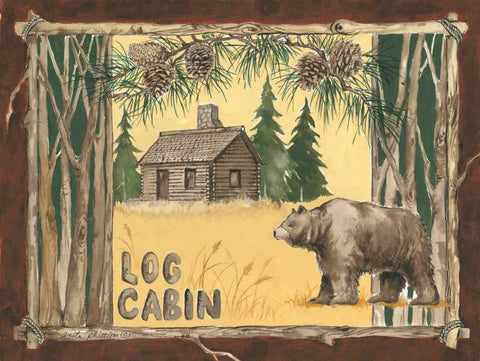 Log Cabin Bear Black Ornate Wood Framed Art Print with Double Matting by Phillips, Anita