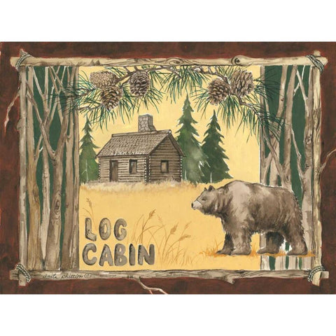 Log Cabin Bear Gold Ornate Wood Framed Art Print with Double Matting by Phillips, Anita