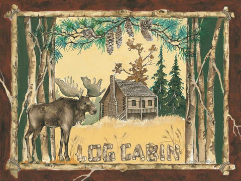 Log Cabin Moose White Modern Wood Framed Art Print with Double Matting by Phillips, Anita