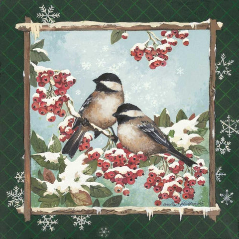 Winter Chickadees Black Modern Wood Framed Art Print with Double Matting by Phillips, Anita