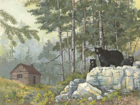 Bears Cabin Black Ornate Wood Framed Art Print with Double Matting by Phillips, Anita