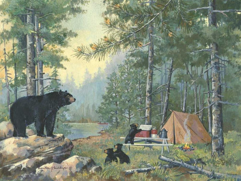 Bears Campsite White Modern Wood Framed Art Print with Double Matting by Phillips, Anita