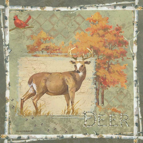 Deer on Green Gold Ornate Wood Framed Art Print with Double Matting by Phillips, Anita