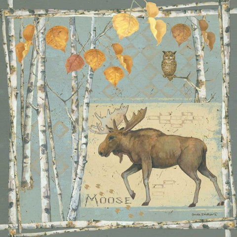 Moose on Blue Black Ornate Wood Framed Art Print with Double Matting by Phillips, Anita