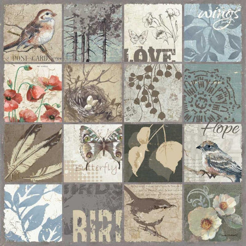 Bird 16 Patch Gold Ornate Wood Framed Art Print with Double Matting by Phillips, Anita