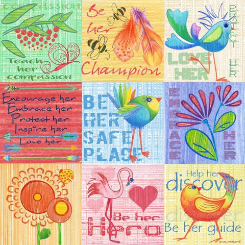 Lil Birds 9 Patch White Modern Wood Framed Art Print with Double Matting by Phillips, Anita