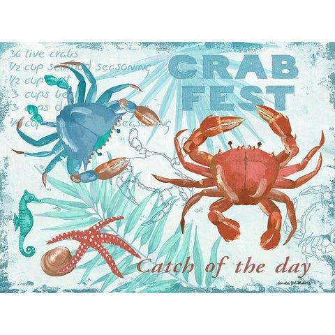 Crab Fest - Blue Gold Ornate Wood Framed Art Print with Double Matting by Phillips, Anita