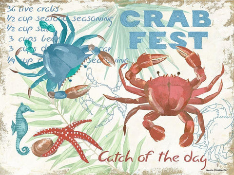 Crab Fest - Beige White Modern Wood Framed Art Print with Double Matting by Phillips, Anita