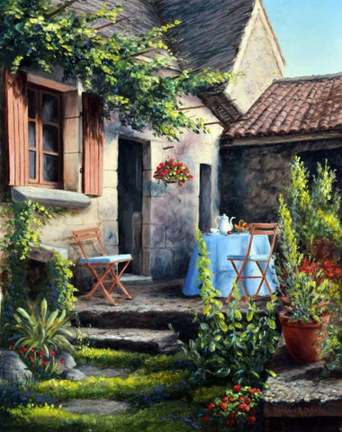 Tea on the Terrace White Modern Wood Framed Art Print with Double Matting by Felisky, Barbara