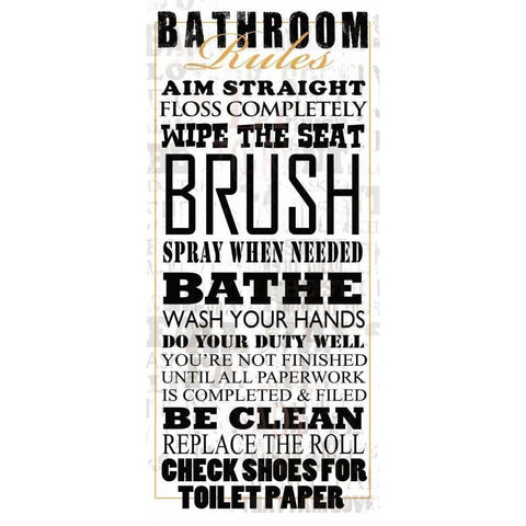 Bathroom Rules - White Black Modern Wood Framed Art Print with Double Matting by Baldwin, Jim