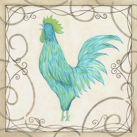 Teal Rooster II Gold Ornate Wood Framed Art Print with Double Matting by Shamp, Cindy