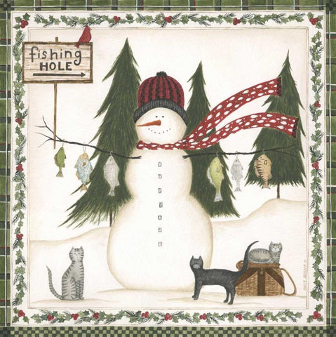 Fishing Hole Snowman White Modern Wood Framed Art Print with Double Matting by Shamp, Cindy