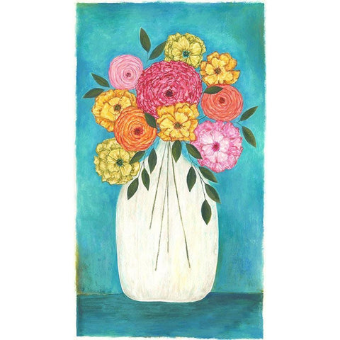 Bright Flowers - Teal Background II White Modern Wood Framed Art Print by Shamp, Cindy