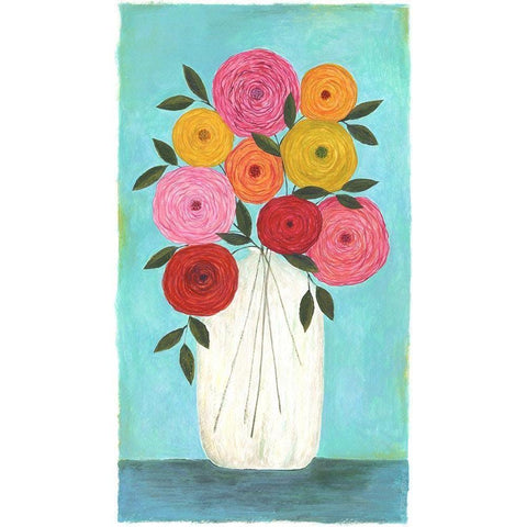 Bright Flowers - Teal Background I White Modern Wood Framed Art Print by Shamp, Cindy