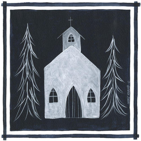 Blue Church I White Modern Wood Framed Art Print with Double Matting by Shamp, Cindy