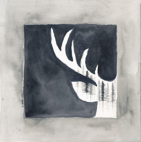 Buck Antler White Modern Wood Framed Art Print with Double Matting by Shamp, Cindy