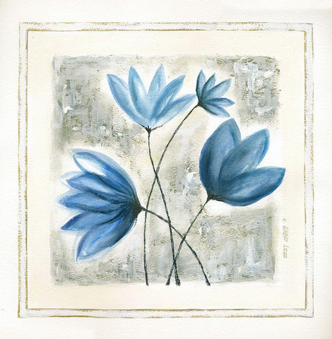 Blue Flowers White Modern Wood Framed Art Print with Double Matting by Shamp, Cindy