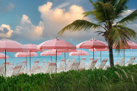 Pink Umbrella White Modern Wood Framed Art Print with Double Matting by Frates, Dennis
