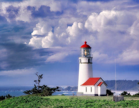 Red Roof Lighthouse Black Ornate Wood Framed Art Print with Double Matting by Frates, Dennis