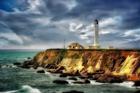 Coastline Lighthouse Black Ornate Wood Framed Art Print with Double Matting by Frates, Dennis