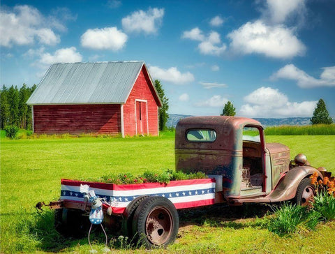 Barn and Truck White Modern Wood Framed Art Print with Double Matting by Frates, Dennis