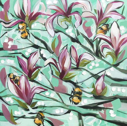 Magnolias and Bees White Modern Wood Framed Art Print with Double Matting by Ihde, McKenna