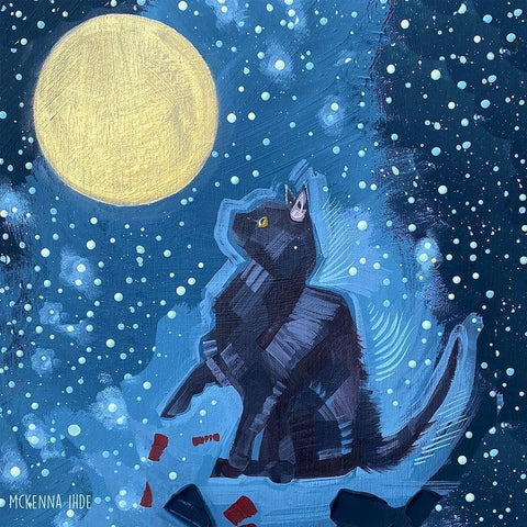 Black Cat-Full Moon Black Modern Wood Framed Art Print with Double Matting by Ihde, McKenna