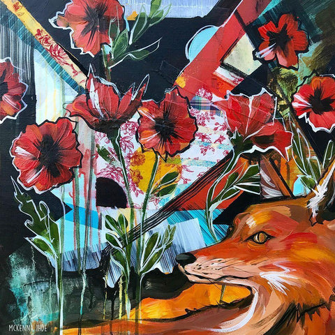 Fox and Poppies White Modern Wood Framed Art Print with Double Matting by Ihde, McKenna