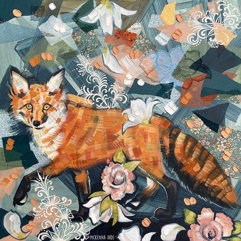 Fox with Pink Flowers White Modern Wood Framed Art Print with Double Matting by Ihde, McKenna